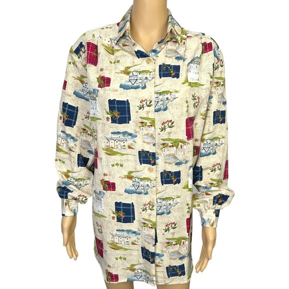 Maggie Sweet Womens M Button Up Long Sleeve Blouse Shirt American Folklore Theme - Picture 1 of 12